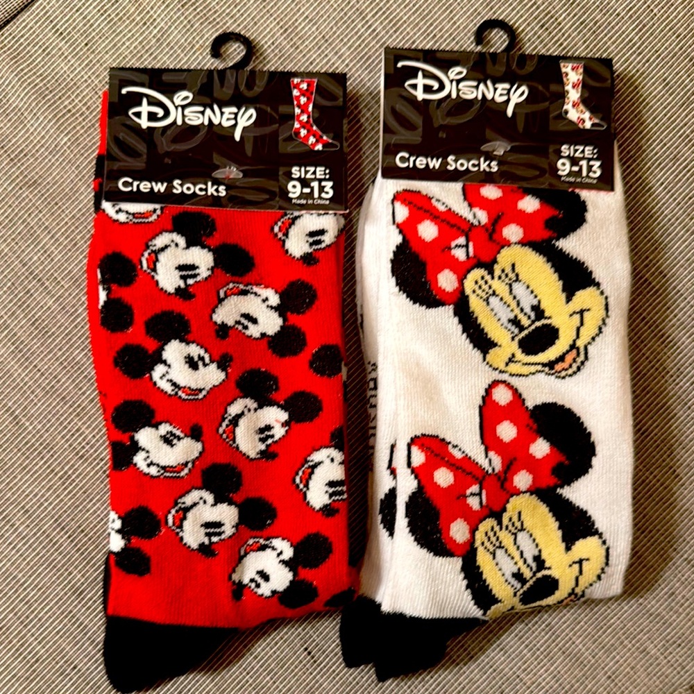 NWT 2 pair bundle Disney Minnie and Mickey Mouse crew socks unisex 9-13 adult